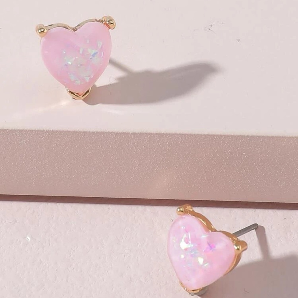 Kathrono Pink Opal Heart Stud Earrings